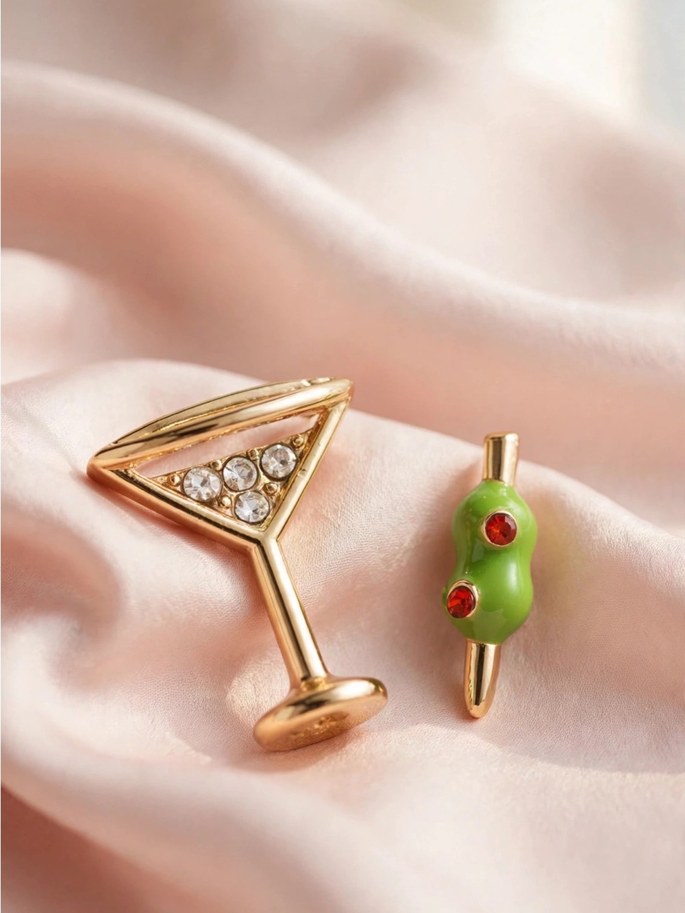 Mismatched Martini Earrings — Gold Martini Glass + Olive Cocktail Pick Studs